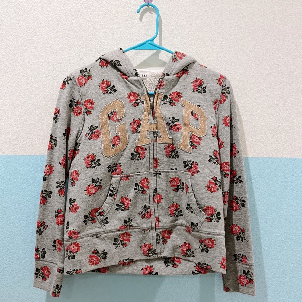 GAP Grey & Pink Floral Zipper Hoodie